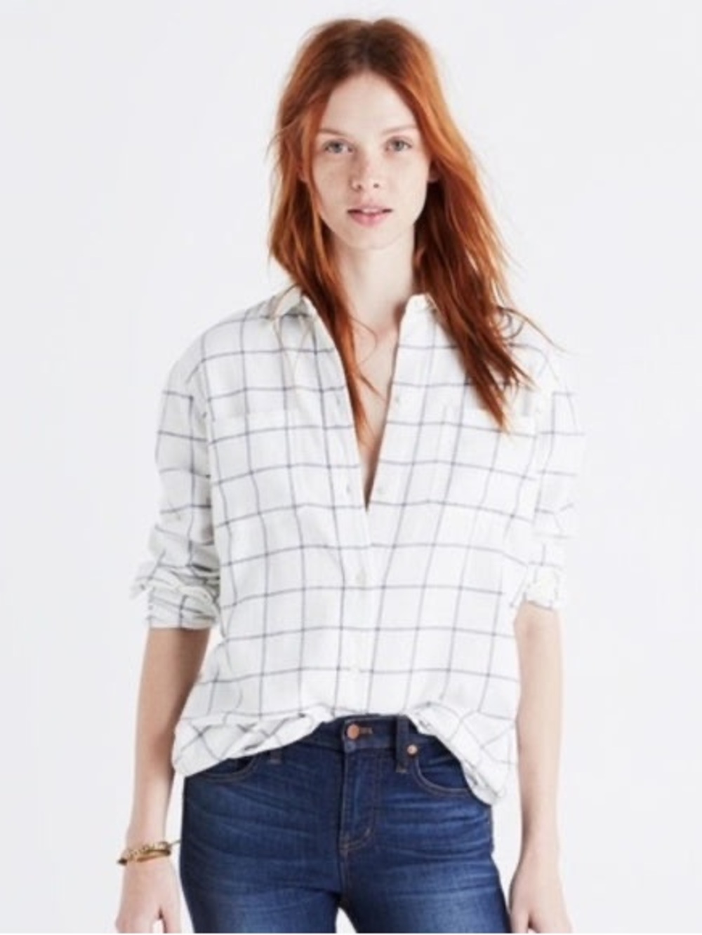 Madewell Classic gray white windowpane exboyfriend flannel top size XS